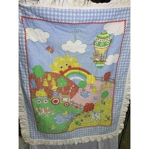Vintage 90s 48X39" Baby Farm Sunshine Rainbow Hot Air Balloon Crib ‎ Quilt